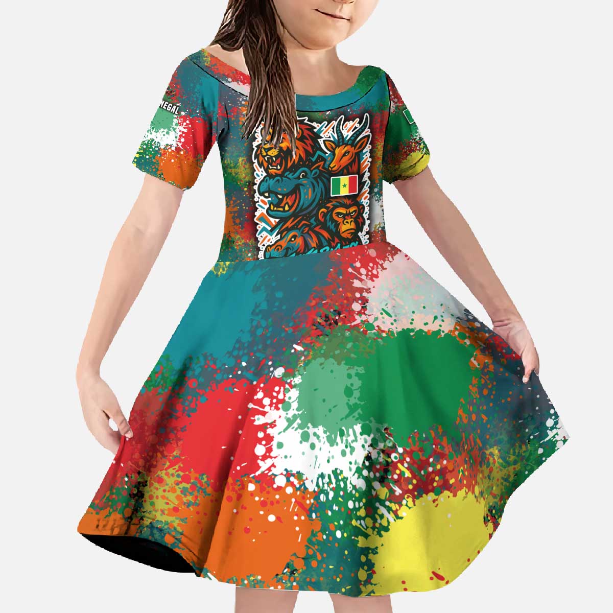 Senegal Family Matching Off The Shoulder Long Sleeve Dress and Hawaiian Shirt with Colorful Wildlife Graffiti and Nature Rises Roars Design - Wonder Print Shop