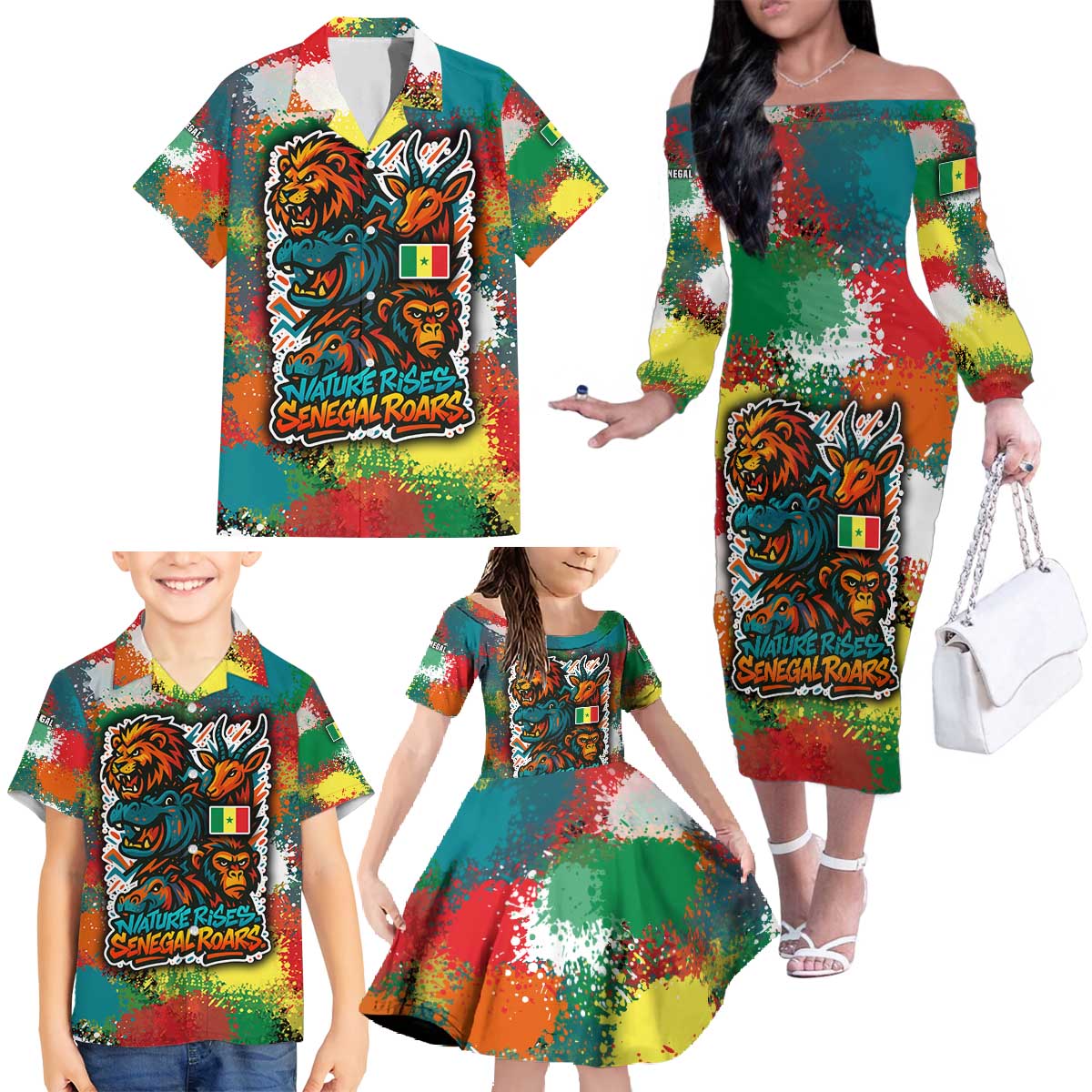 Senegal Family Matching Off The Shoulder Long Sleeve Dress and Hawaiian Shirt with Colorful Wildlife Graffiti and Nature Rises Roars Design - Wonder Print Shop