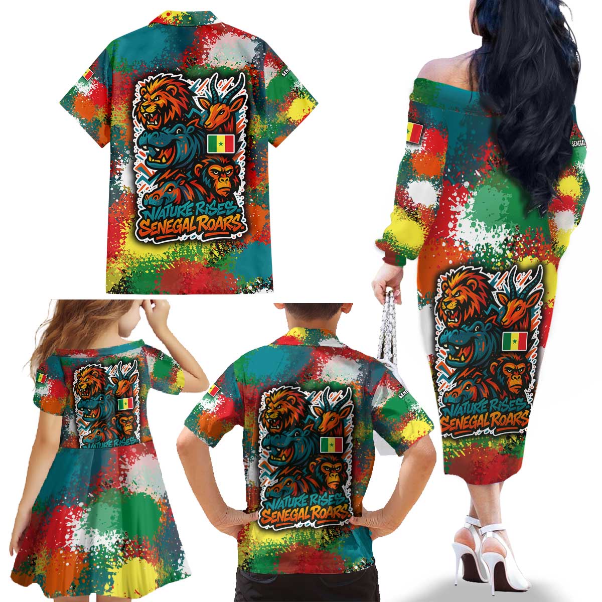Senegal Family Matching Off The Shoulder Long Sleeve Dress and Hawaiian Shirt with Colorful Wildlife Graffiti and Nature Rises Roars Design - Wonder Print Shop
