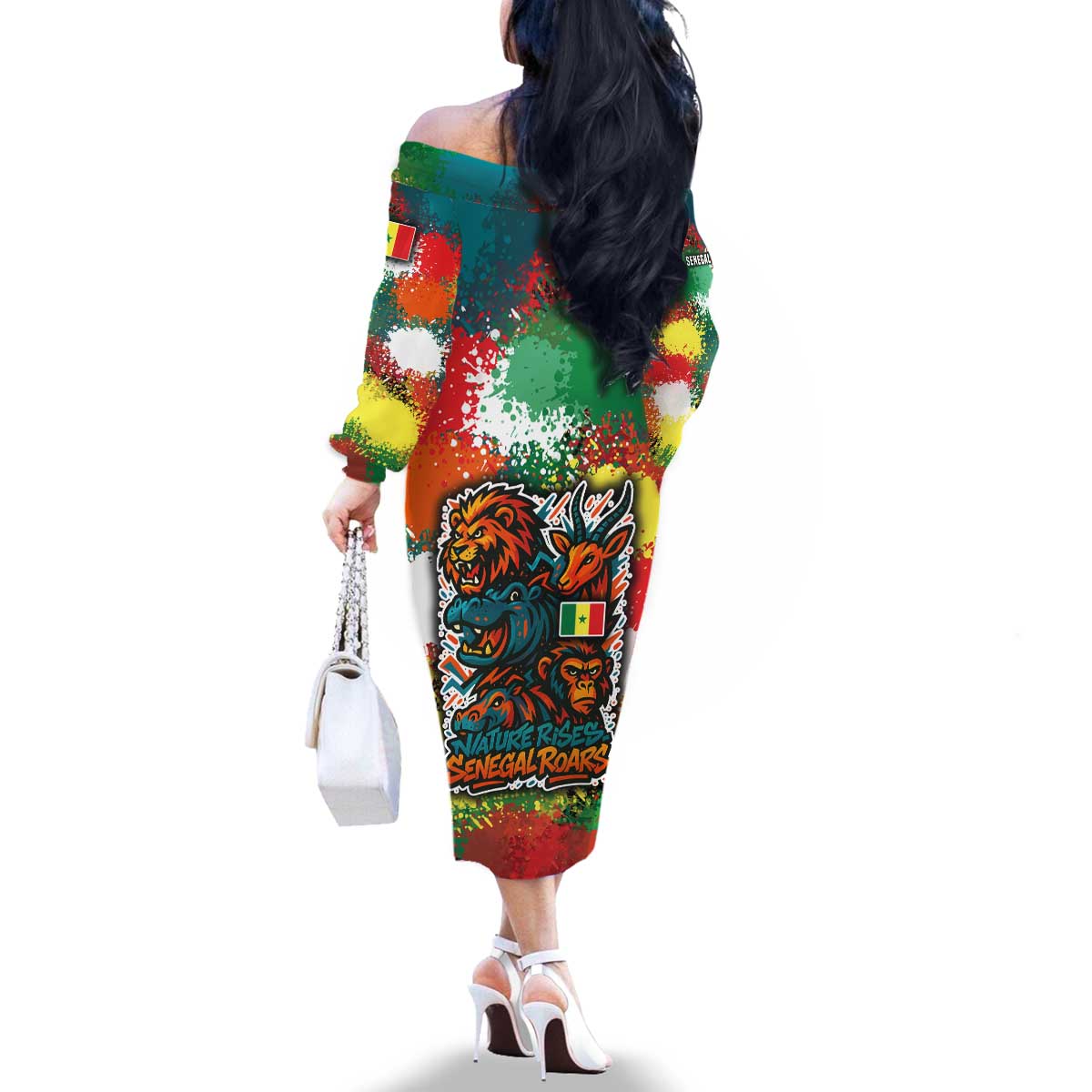 Senegal Family Matching Off The Shoulder Long Sleeve Dress and Hawaiian Shirt with Colorful Wildlife Graffiti and Nature Rises Roars Design - Wonder Print Shop