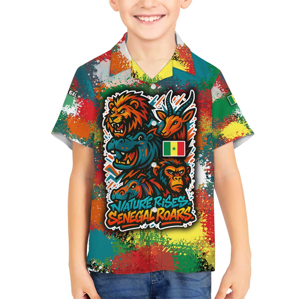 Senegal Family Matching Off The Shoulder Long Sleeve Dress and Hawaiian Shirt with Colorful Wildlife Graffiti and Nature Rises Roars Design - Wonder Print Shop