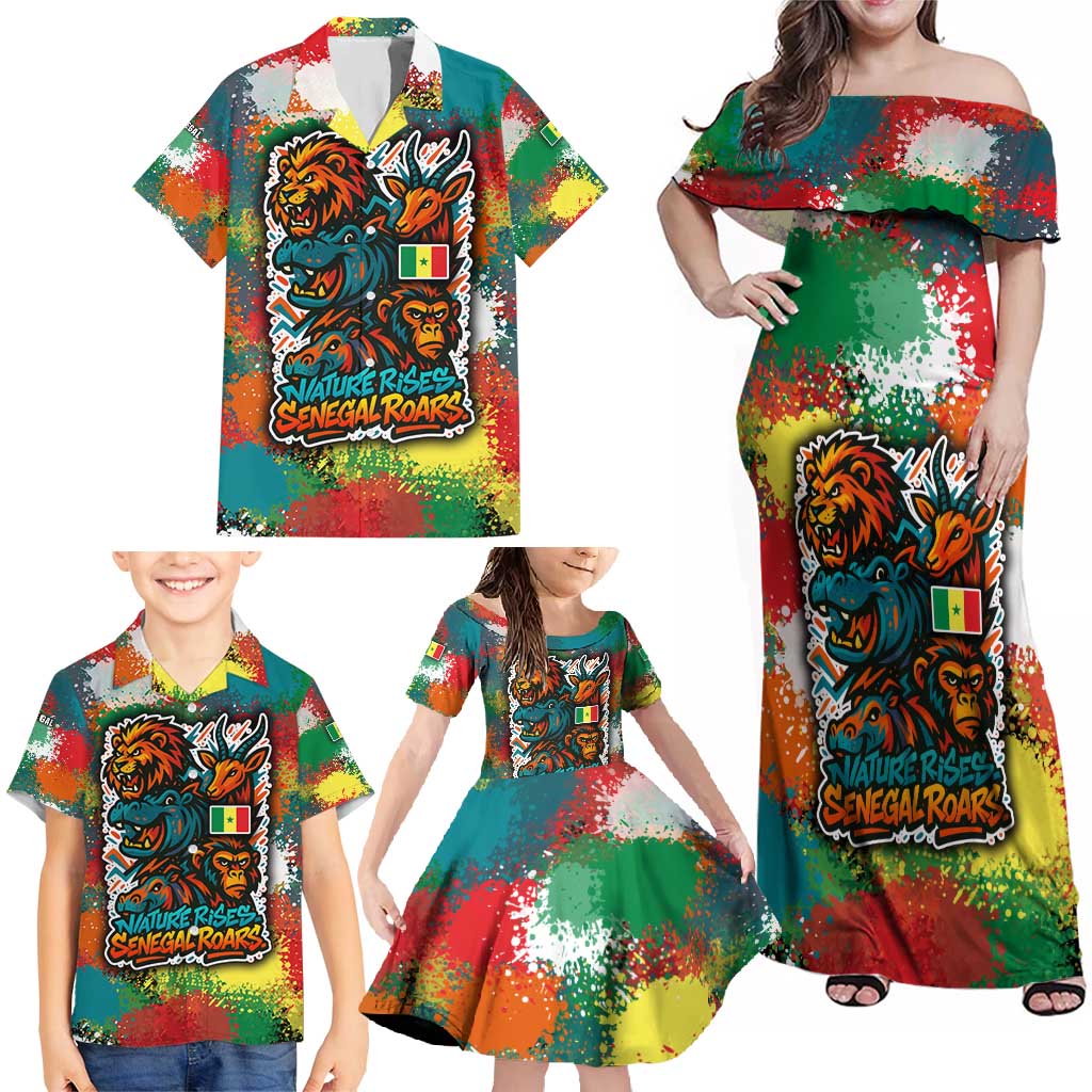 Senegal Family Matching Off Shoulder Maxi Dress and Hawaiian Shirt with Colorful Wildlife Graffiti and Nature Rises Roars Design - Wonder Print Shop