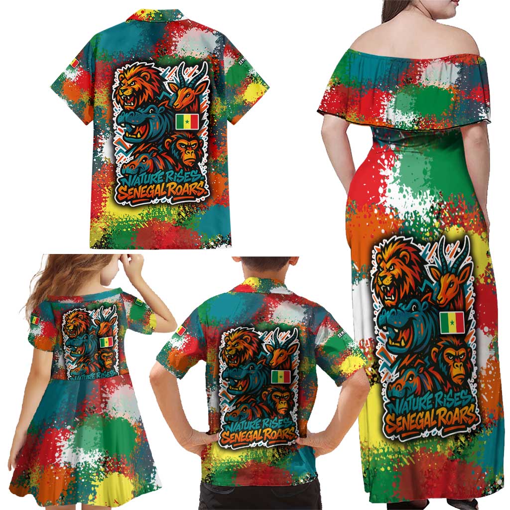 Senegal Family Matching Off Shoulder Maxi Dress and Hawaiian Shirt with Colorful Wildlife Graffiti and Nature Rises Roars Design - Wonder Print Shop