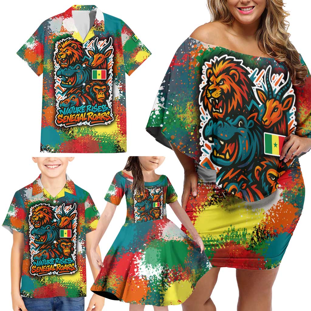 Senegal Family Matching Off Shoulder Short Dress and Hawaiian Shirt with Colorful Wildlife Graffiti and Nature Rises Roars Design - Wonder Print Shop