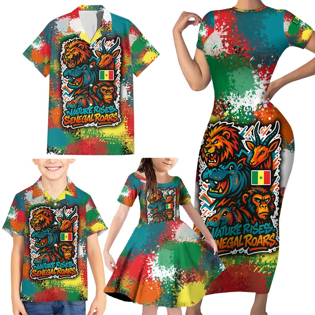 Senegal Family Matching Short Sleeve Bodycon Dress and Hawaiian Shirt with Colorful Wildlife Graffiti and Nature Rises Roars Design - Wonder Print Shop