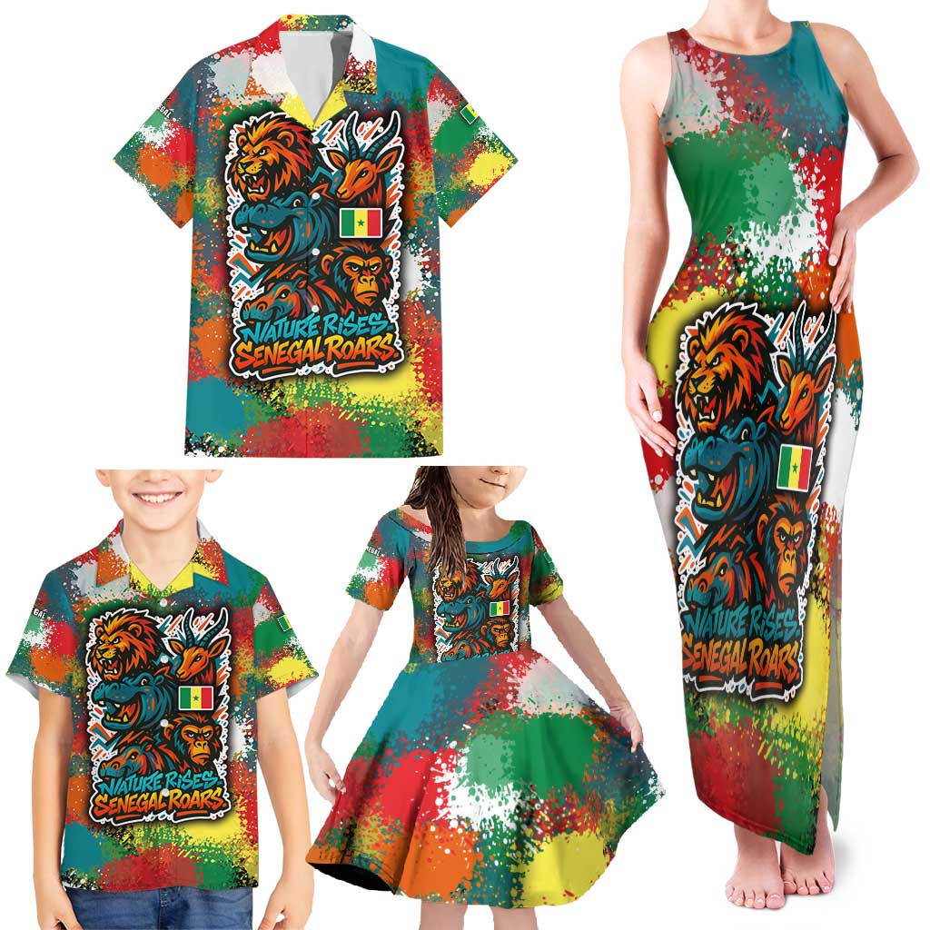 Senegal Family Matching Tank Maxi Dress and Hawaiian Shirt with Colorful Wildlife Graffiti and Nature Rises Roars Design - Wonder Print Shop