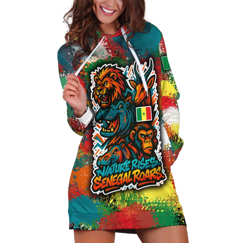 Senegal Hoodie Dress with Colorful Wildlife Graffiti and Nature Rises Roars Design - Wonder Print Shop