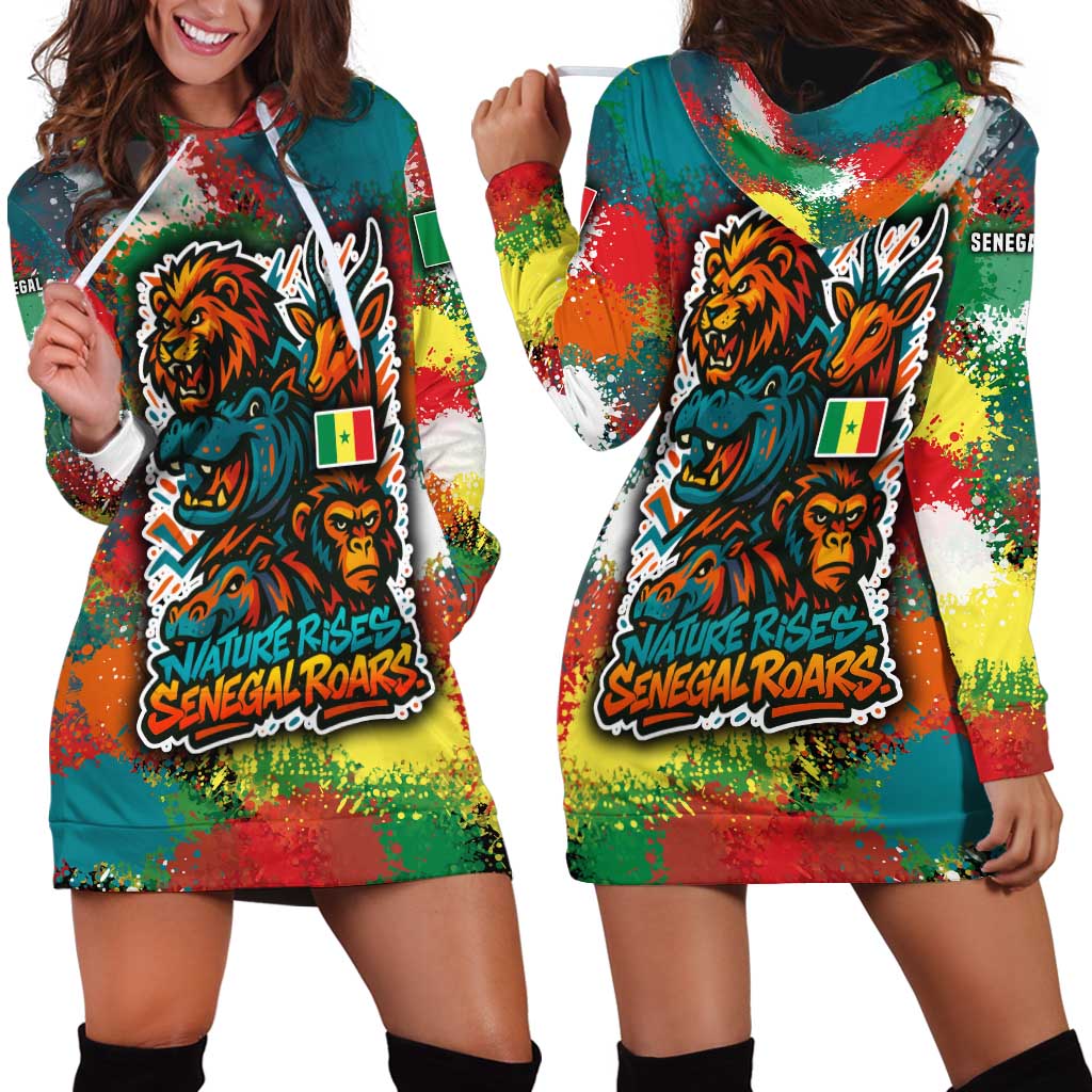 Senegal Hoodie Dress with Colorful Wildlife Graffiti and Nature Rises Roars Design - Wonder Print Shop