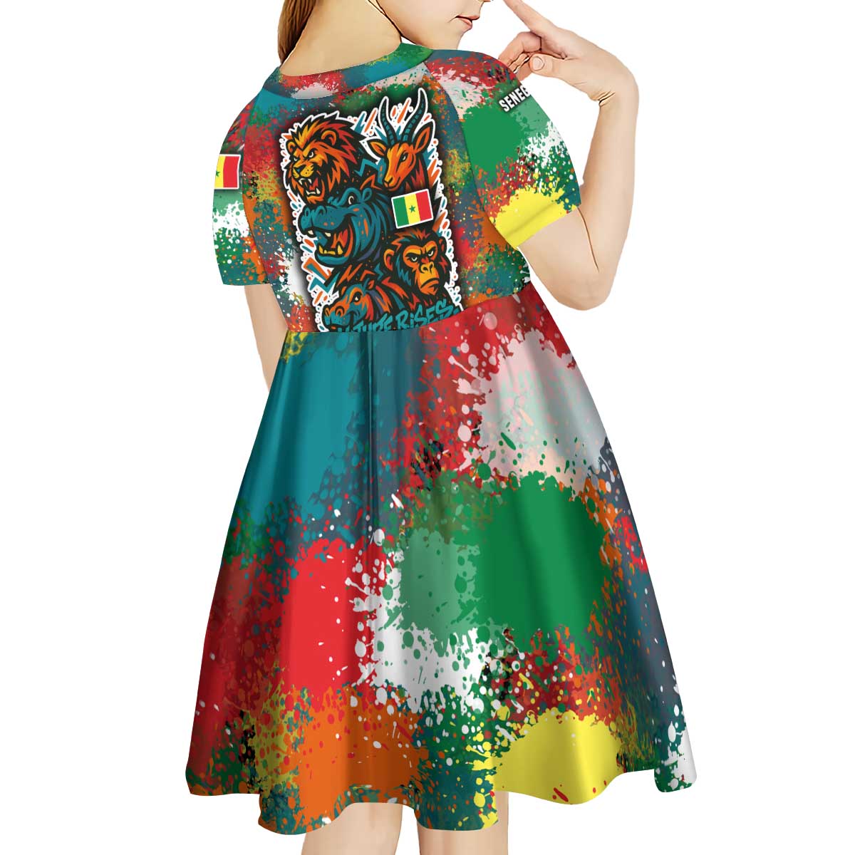 Senegal Kid Short Sleeve Dress with Colorful Wildlife Graffiti and Nature Rises Roars Design - Wonder Print Shop