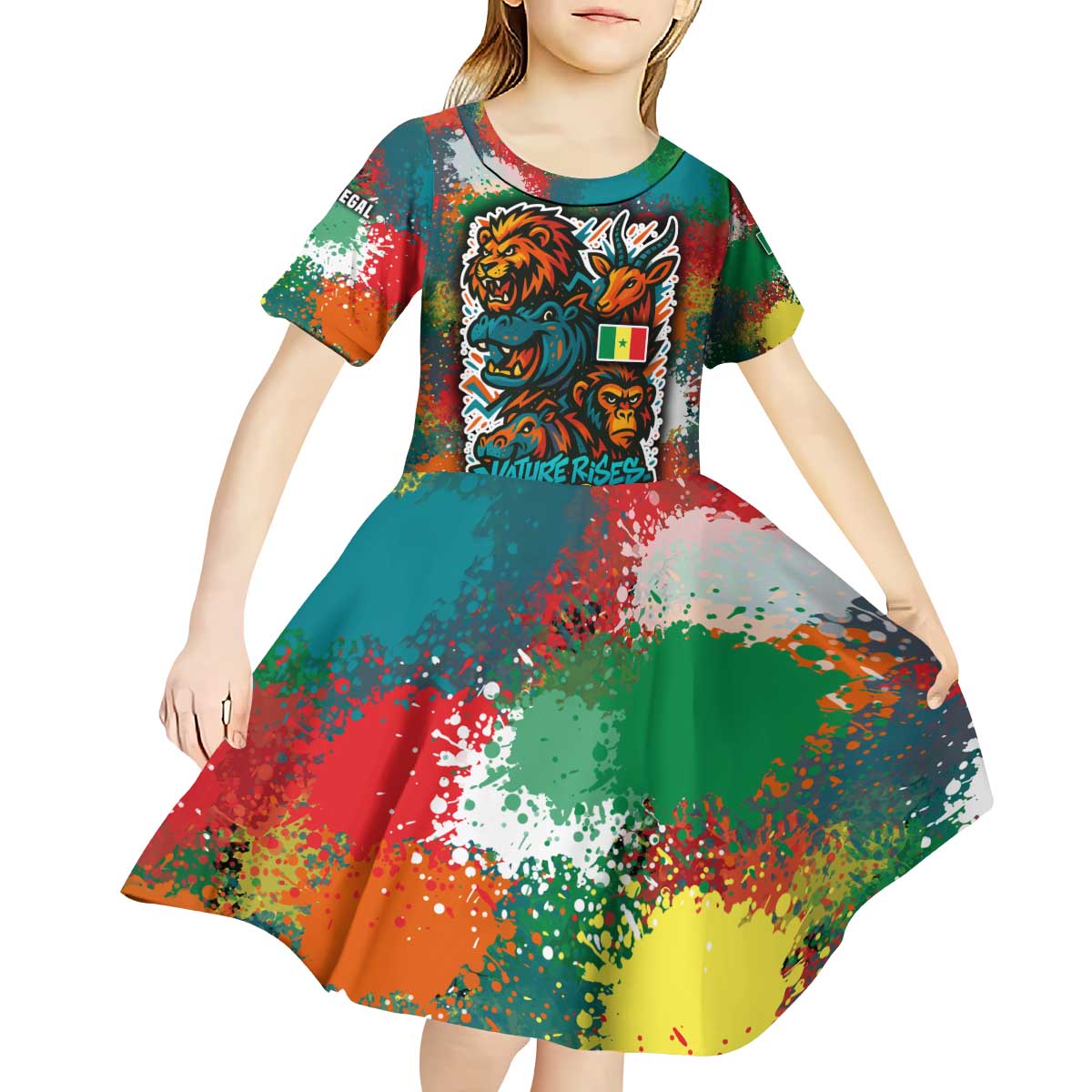 Senegal Kid Short Sleeve Dress with Colorful Wildlife Graffiti and Nature Rises Roars Design - Wonder Print Shop