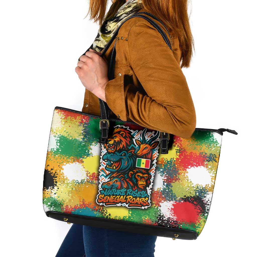 Senegal Leather Tote Bag with Colorful Wildlife Graffiti and Nature Rises Roars Design - Wonder Print Shop