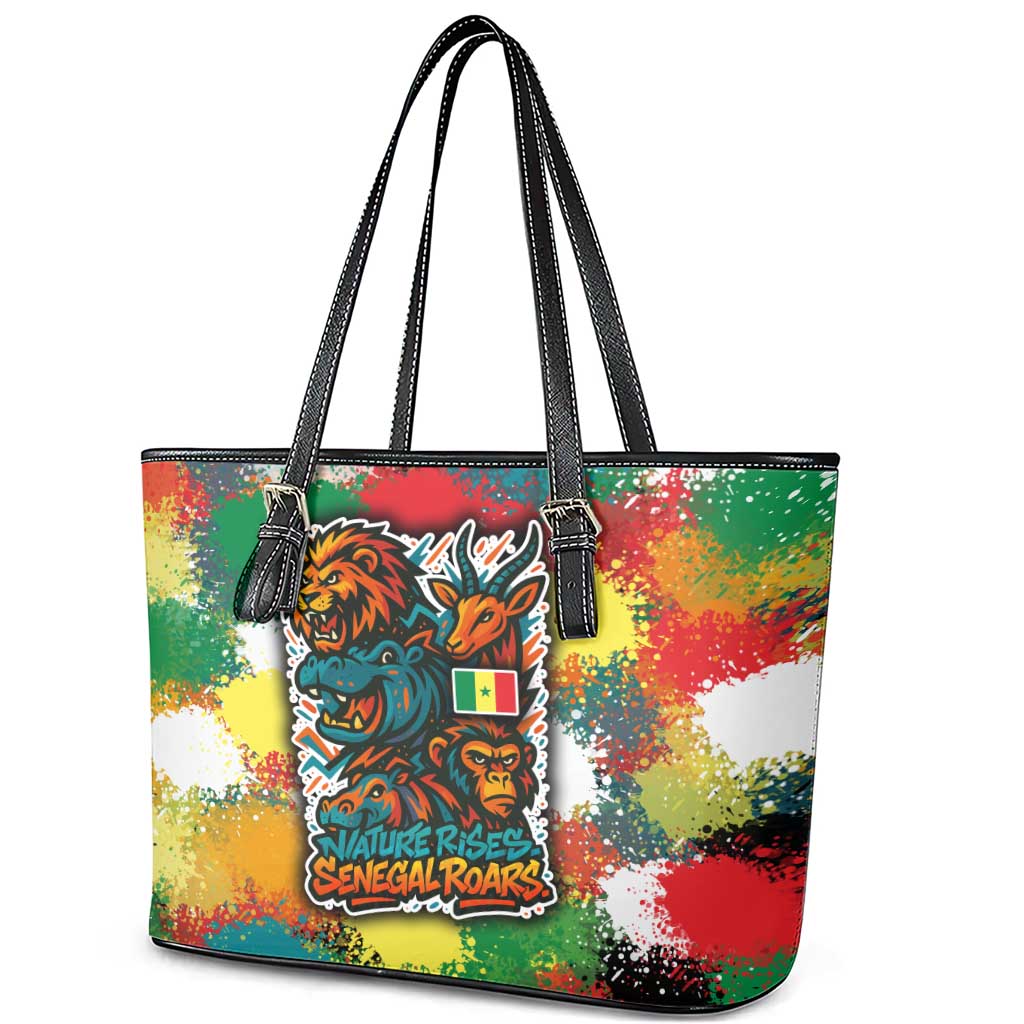 Senegal Leather Tote Bag with Colorful Wildlife Graffiti and Nature Rises Roars Design - Wonder Print Shop