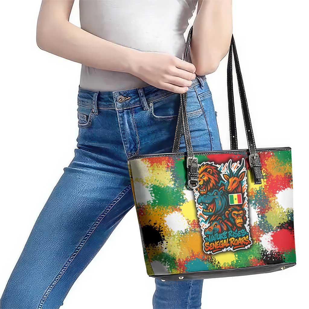 Senegal Leather Tote Bag with Colorful Wildlife Graffiti and Nature Rises Roars Design - Wonder Print Shop