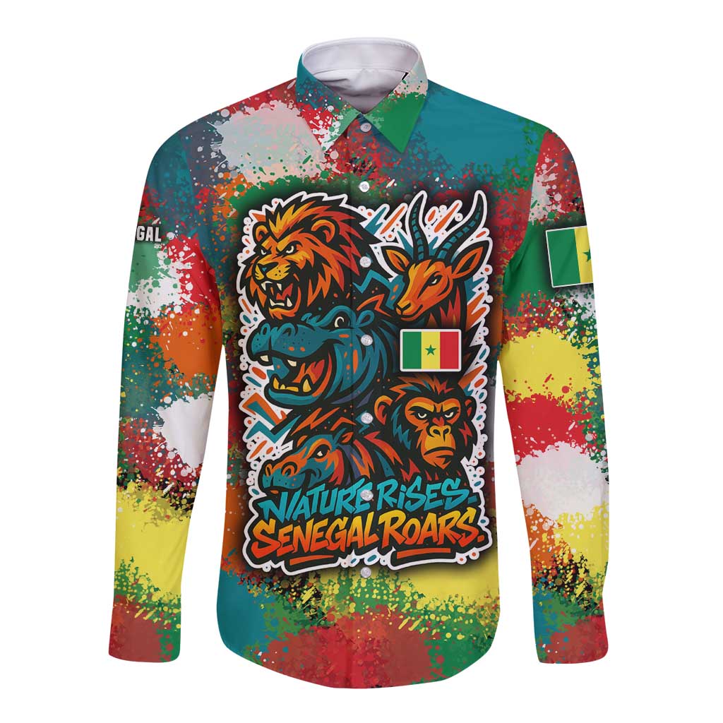 Senegal Long Sleeve Button Shirt with Colorful Wildlife Graffiti and Nature Rises Roars Design - Wonder Print Shop