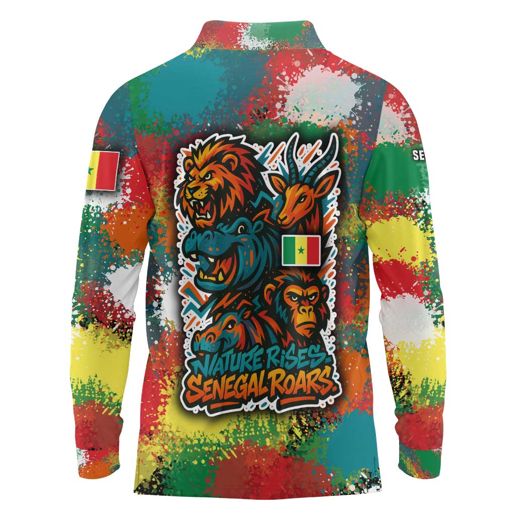 Senegal Long Sleeve Polo Shirt with Colorful Wildlife Graffiti and Nature Rises Roars Design - Wonder Print Shop