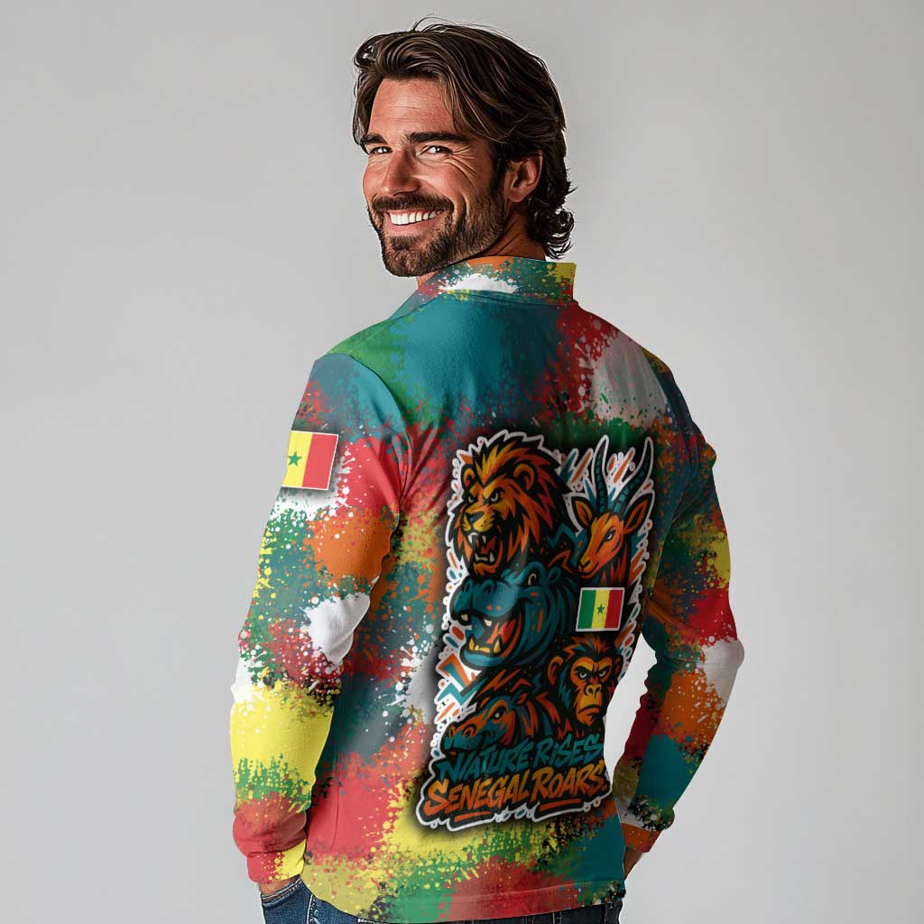 Senegal Long Sleeve Polo Shirt with Colorful Wildlife Graffiti and Nature Rises Roars Design - Wonder Print Shop