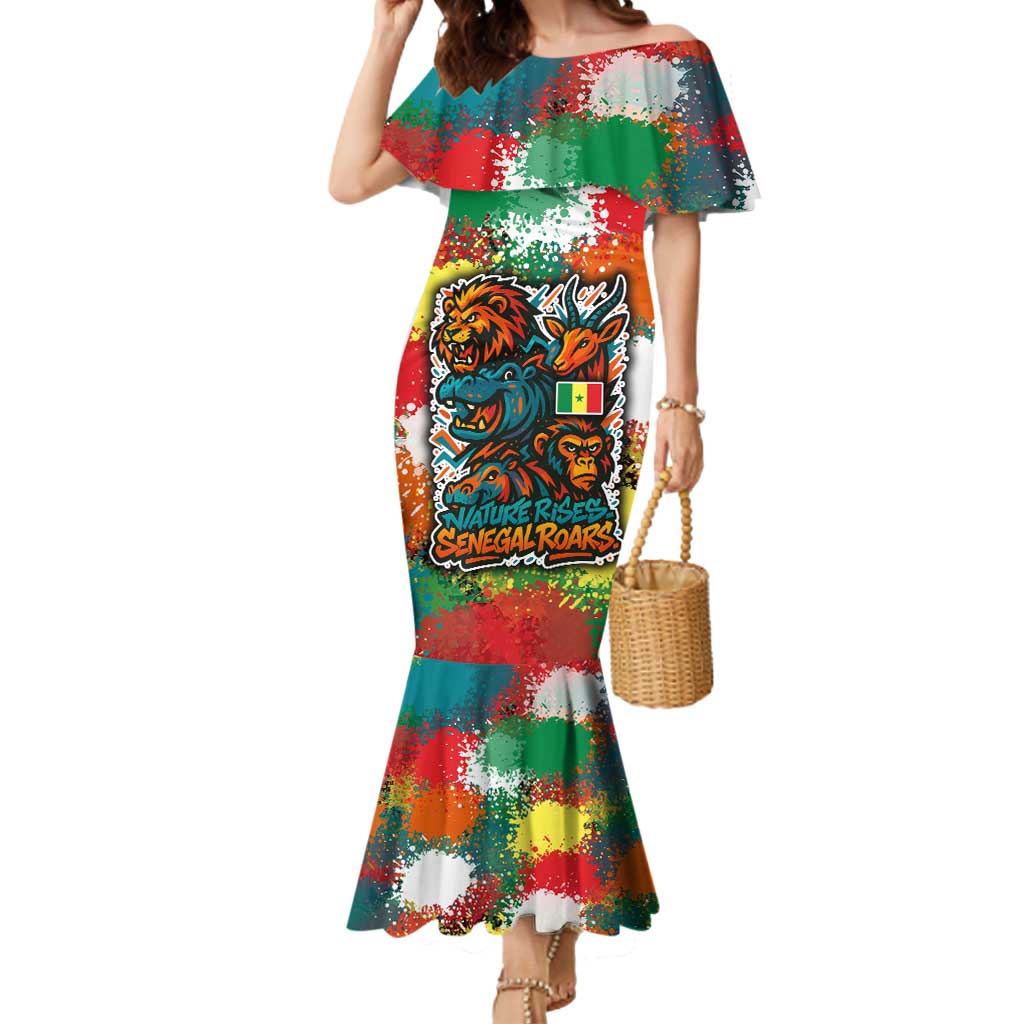 Senegal Mermaid Dress with Colorful Wildlife Graffiti and Nature Rises Roars Design - Wonder Print Shop