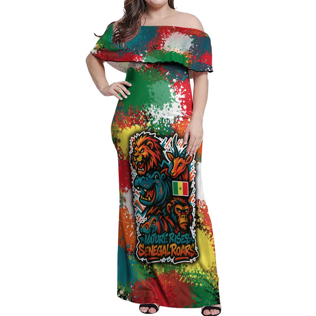 Senegal Off Shoulder Maxi Dress with Colorful Wildlife Graffiti and Nature Rises Roars Design - Wonder Print Shop