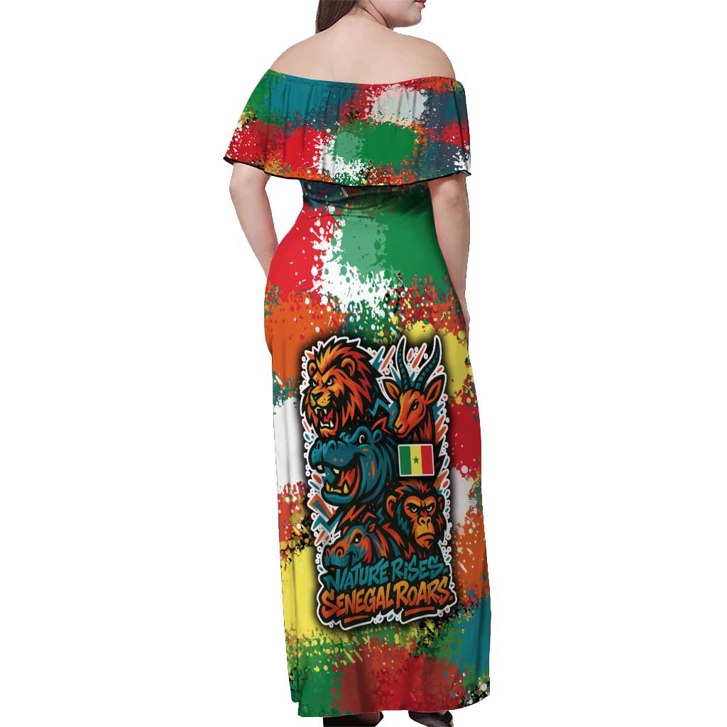 Senegal Off Shoulder Maxi Dress with Colorful Wildlife Graffiti and Nature Rises Roars Design - Wonder Print Shop