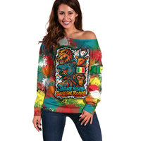 Senegal Off Shoulder Sweater with Colorful Wildlife Graffiti and Nature Rises Roars Design - Wonder Print Shop