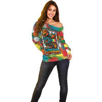 Senegal Off Shoulder Sweater with Colorful Wildlife Graffiti and Nature Rises Roars Design - Wonder Print Shop