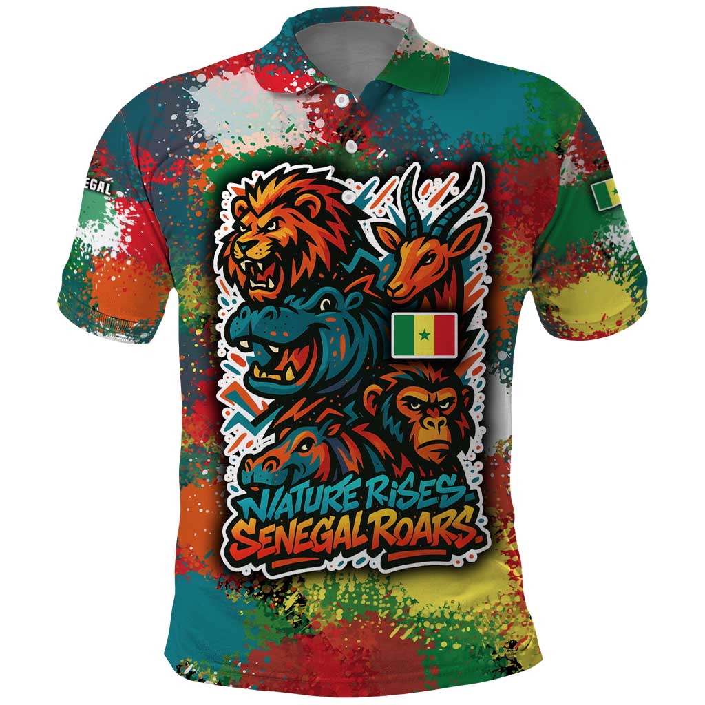 Senegal Polo Shirt with Colorful Wildlife Graffiti and Nature Rises Roars Design - Wonder Print Shop