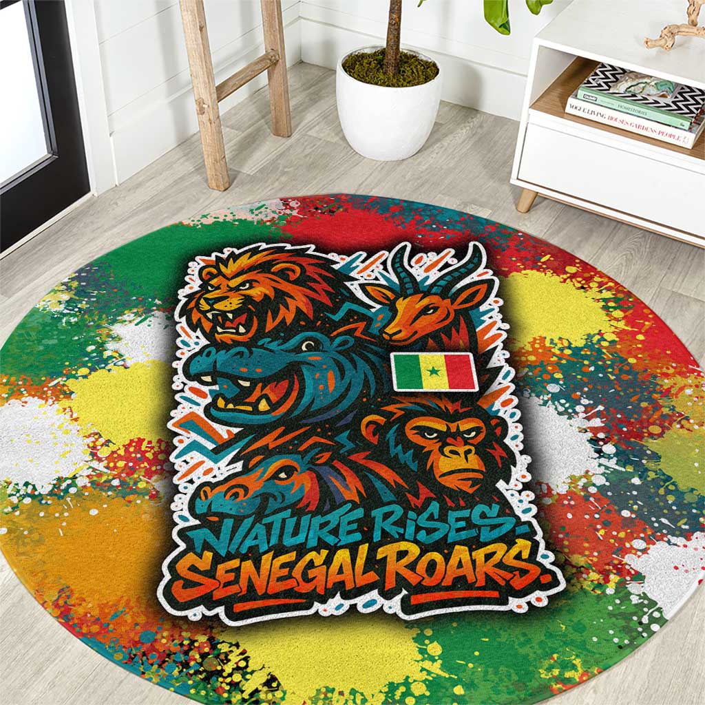 Senegal Round Carpet with Colorful Wildlife Graffiti and Nature Rises Roars Design - Wonder Print Shop