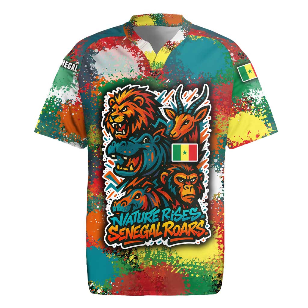 Senegal Rugby Jersey with Colorful Wildlife Graffiti and Nature Rises Roars Design - Wonder Print Shop