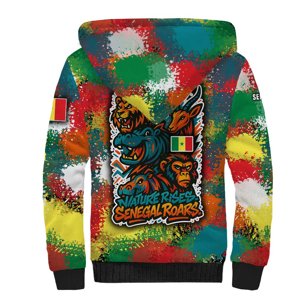 Senegal Sherpa Hoodie with Colorful Wildlife Graffiti and Nature Rises Roars Design - Wonder Print Shop