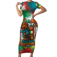 Senegal Short Sleeve Bodycon Dress with Colorful Wildlife Graffiti and Nature Rises Roars Design - Wonder Print Shop