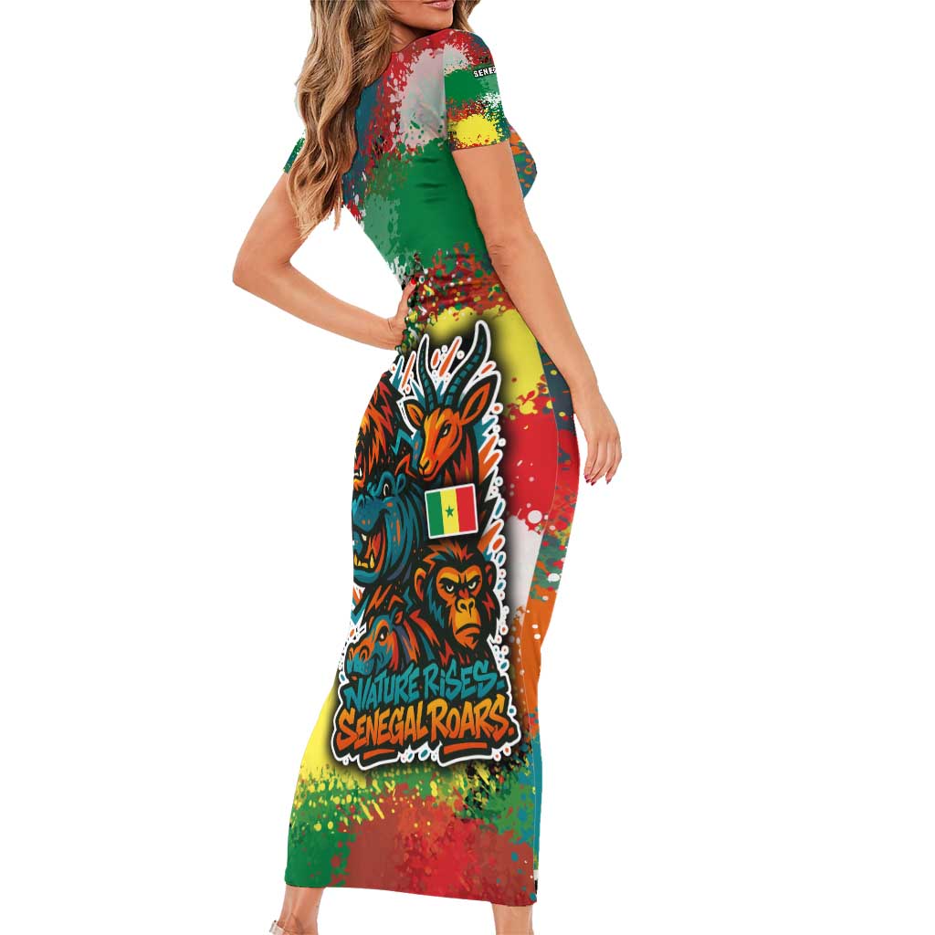 Senegal Short Sleeve Bodycon Dress with Colorful Wildlife Graffiti and Nature Rises Roars Design - Wonder Print Shop