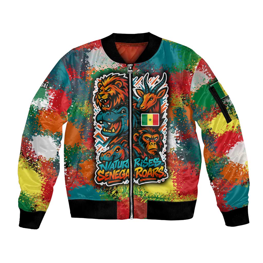 Senegal Sleeve Zip Bomber Jacket with Colorful Wildlife Graffiti and Nature Rises Roars Design - Wonder Print Shop
