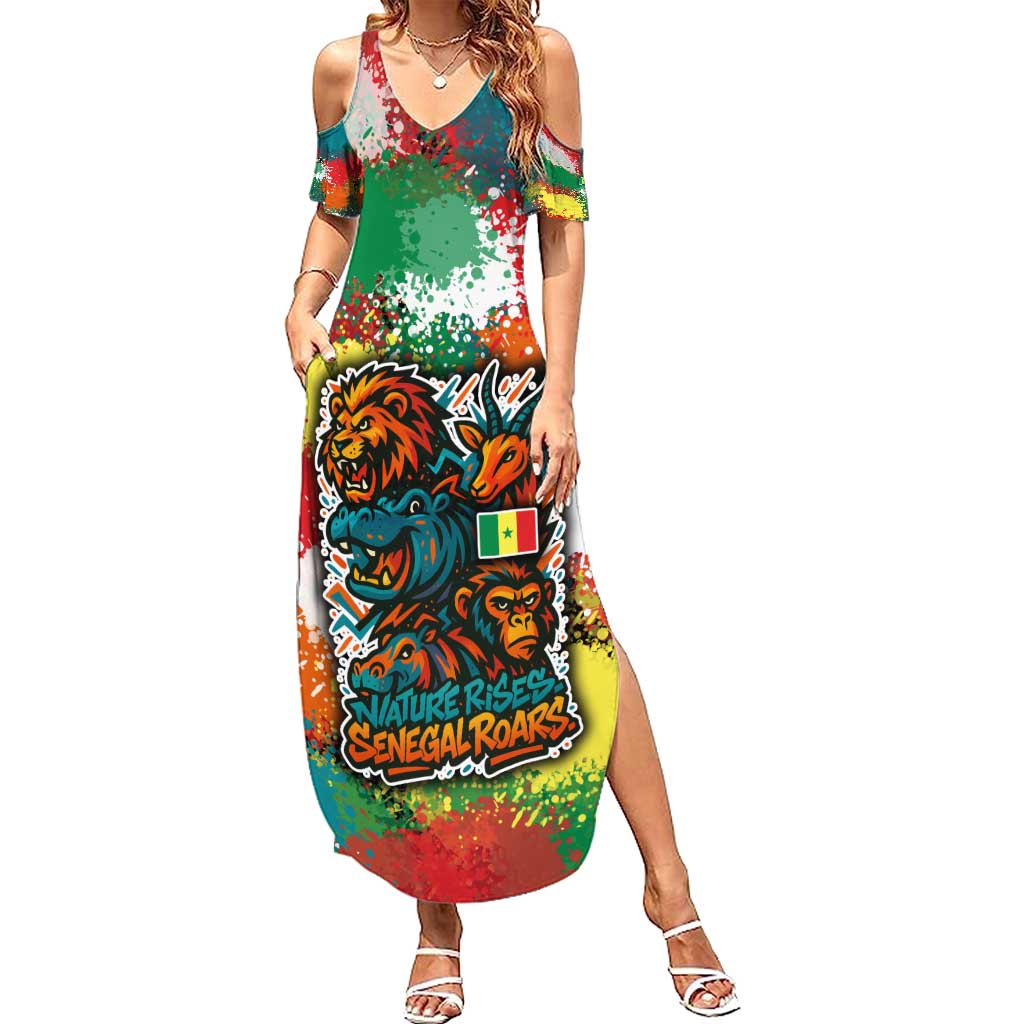 Senegal Summer Maxi Dress with Colorful Wildlife Graffiti and Nature Rises Roars Design - Wonder Print Shop