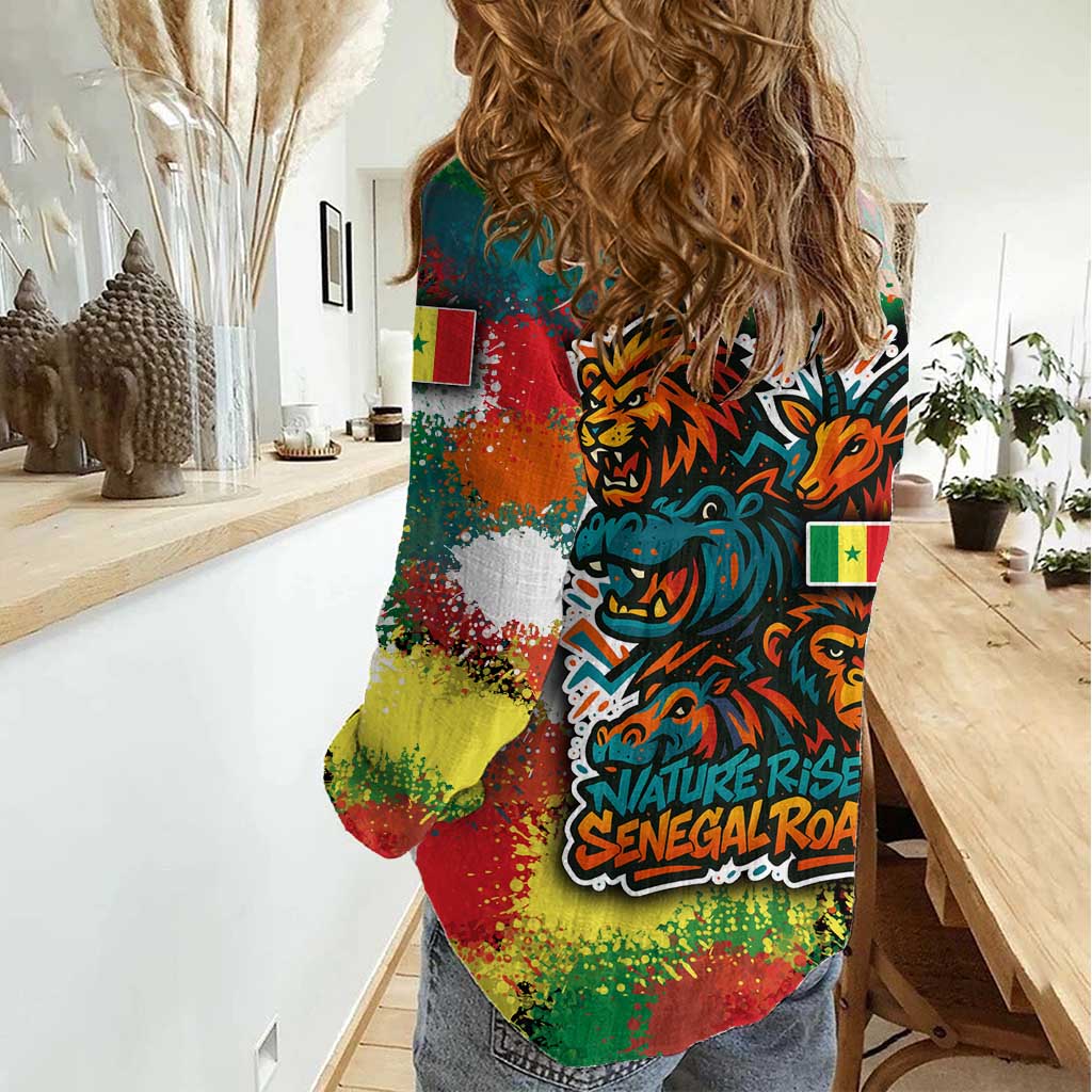 Senegal Women Casual Shirt with Colorful Wildlife Graffiti and Nature Rises Roars Design - Wonder Print Shop
