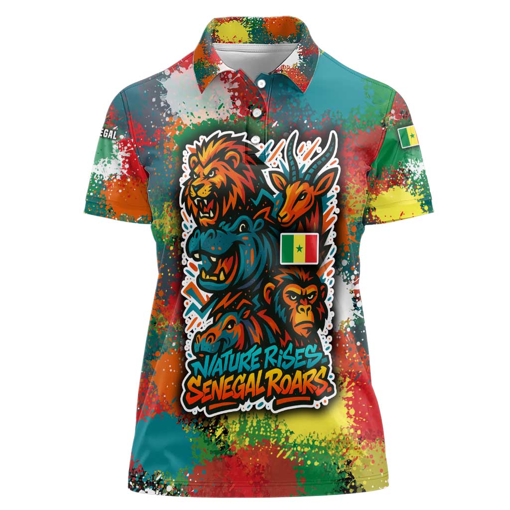 Senegal Women Polo Shirt with Colorful Wildlife Graffiti and Nature Rises Roars Design - Wonder Print Shop