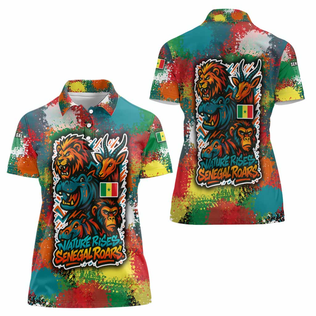 Senegal Women Polo Shirt with Colorful Wildlife Graffiti and Nature Rises Roars Design - Wonder Print Shop