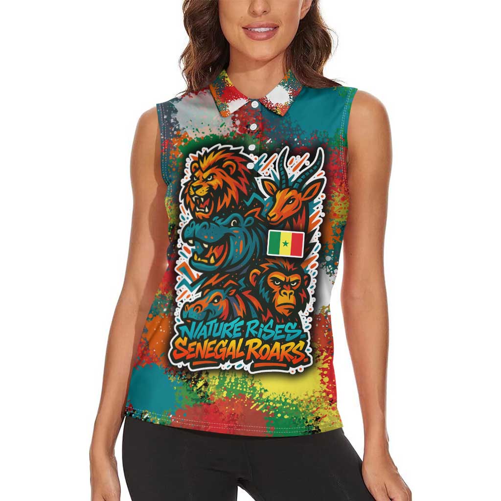Senegal Women Sleeveless Polo Shirt with Colorful Wildlife Graffiti and Nature Rises Roars Design - Wonder Print Shop