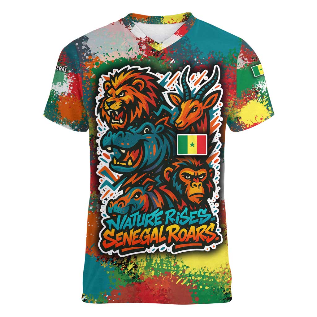 Senegal Women V-Neck T-Shirt with Colorful Wildlife Graffiti and Nature Rises Roars Design - Wonder Print Shop