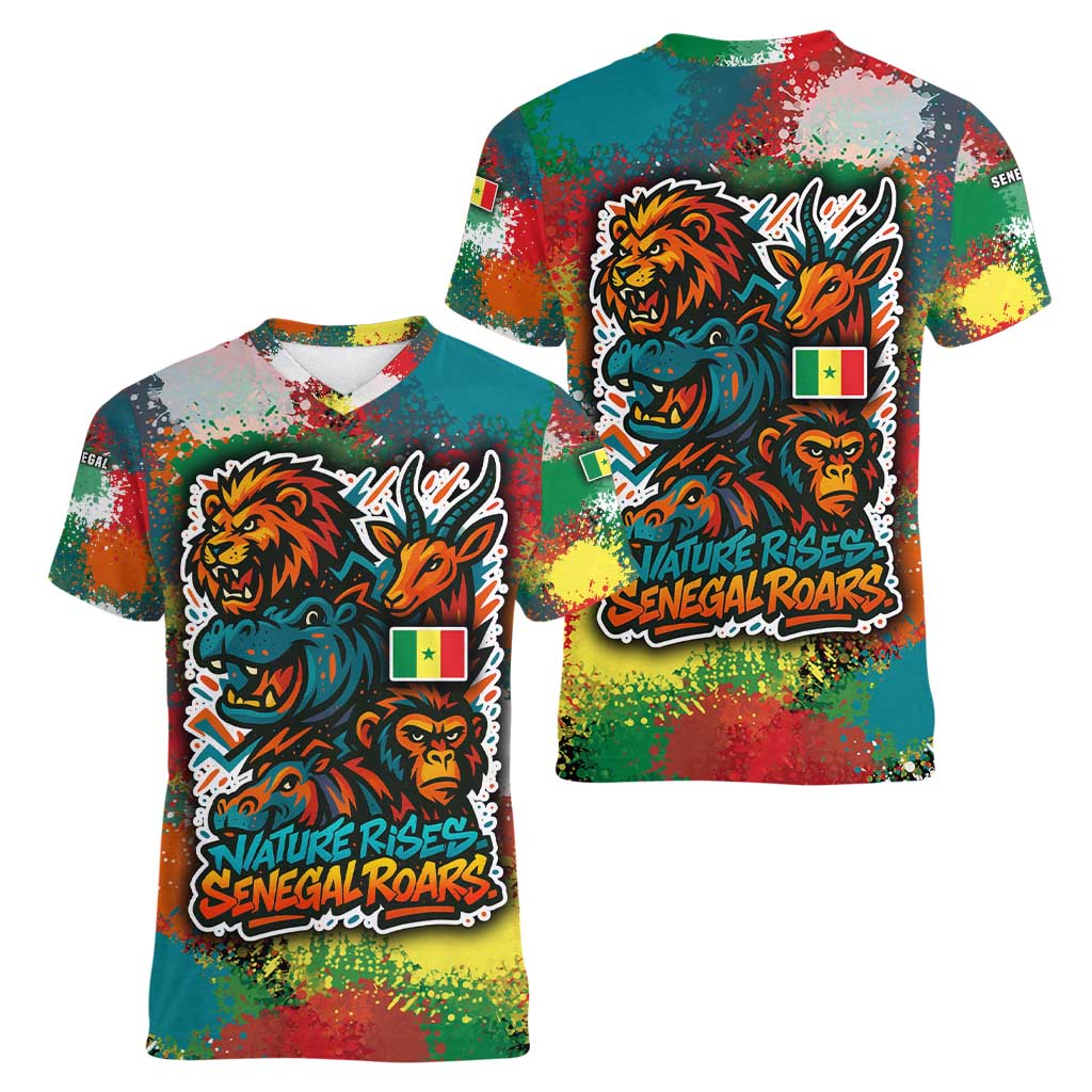 Senegal Women V-Neck T-Shirt with Colorful Wildlife Graffiti and Nature Rises Roars Design - Wonder Print Shop