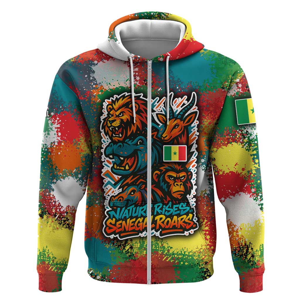 Senegal Zip Hoodie with Colorful Wildlife Graffiti and Nature Rises Roars Design - Wonder Print Shop