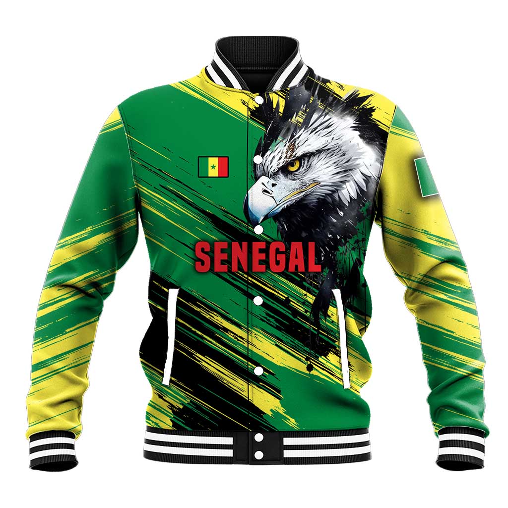 Senegal Baseball Jacket with Bold Eagle Graphic and Brushstroke Flag Colors Design - Wonder Print Shop