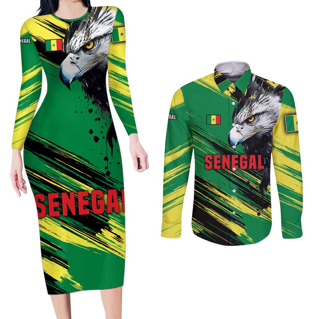 Senegal Couples Matching Long Sleeve Bodycon Dress and Long Sleeve Button Shirt with Bold Eagle Graphic and Brushstroke Flag Colors Design - Wonder Print Shop