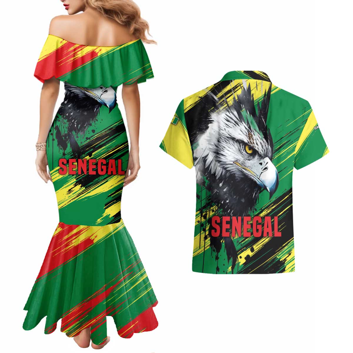 Senegal Couples Matching Mermaid Dress and Hawaiian Shirt with Bold Eagle Graphic and Brushstroke Flag Colors Design - Wonder Print Shop