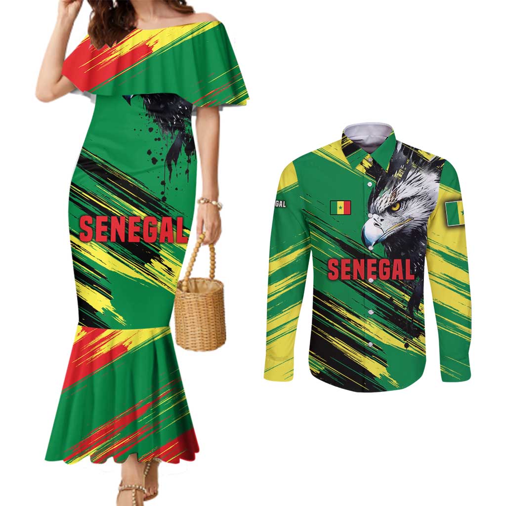 Senegal Couples Matching Mermaid Dress and Long Sleeve Button Shirt with Bold Eagle Graphic and Brushstroke Flag Colors Design - Wonder Print Shop