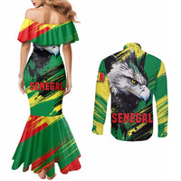 Senegal Couples Matching Mermaid Dress and Long Sleeve Button Shirt with Bold Eagle Graphic and Brushstroke Flag Colors Design - Wonder Print Shop