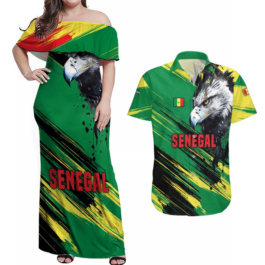 Senegal Couples Matching Off Shoulder Maxi Dress and Hawaiian Shirt with Bold Eagle Graphic and Brushstroke Flag Colors Design - Wonder Print Shop