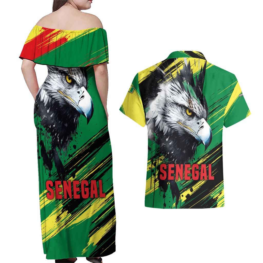 Senegal Couples Matching Off Shoulder Maxi Dress and Hawaiian Shirt with Bold Eagle Graphic and Brushstroke Flag Colors Design - Wonder Print Shop