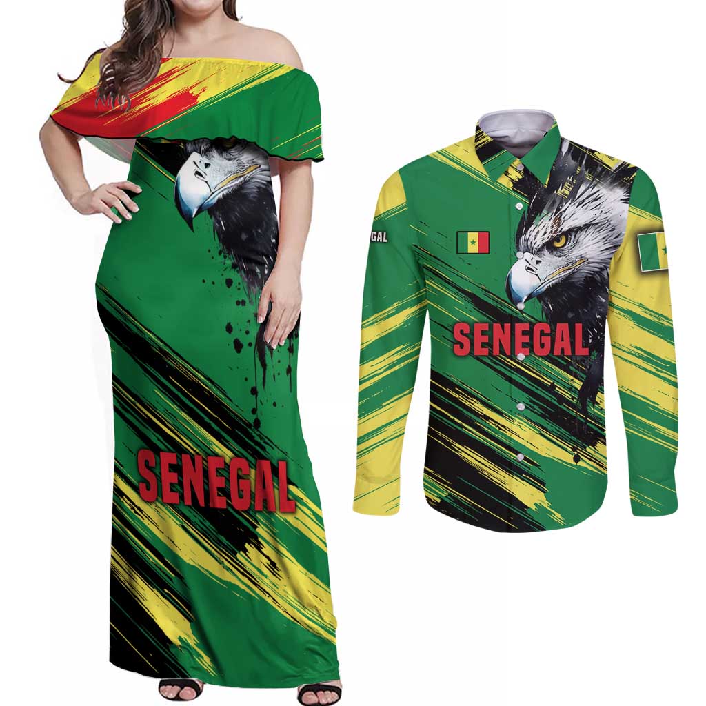 Senegal Couples Matching Off Shoulder Maxi Dress and Long Sleeve Button Shirt with Bold Eagle Graphic and Brushstroke Flag Colors Design - Wonder Print Shop