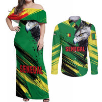 Senegal Couples Matching Off Shoulder Maxi Dress and Long Sleeve Button Shirt with Bold Eagle Graphic and Brushstroke Flag Colors Design - Wonder Print Shop