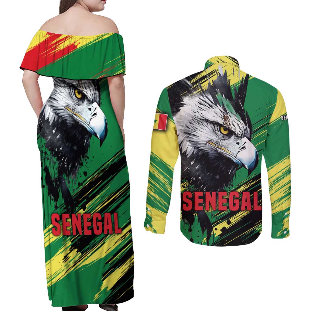 Senegal Couples Matching Off Shoulder Maxi Dress and Long Sleeve Button Shirt with Bold Eagle Graphic and Brushstroke Flag Colors Design - Wonder Print Shop